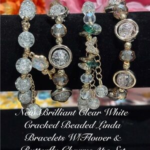 Springtime Clear White Cracked Bead Linda Bracelets W/Flower Butterfly Charms 4p